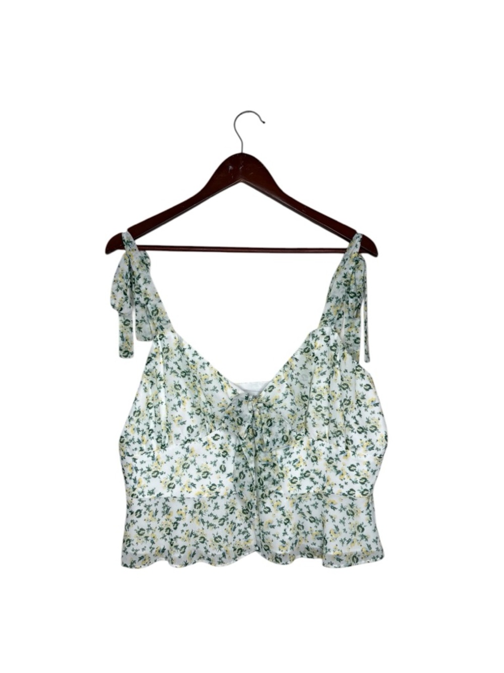 Wayf Ditsy Floral White Green Tie Strap Button Front Ruffle Crop Top Spring New